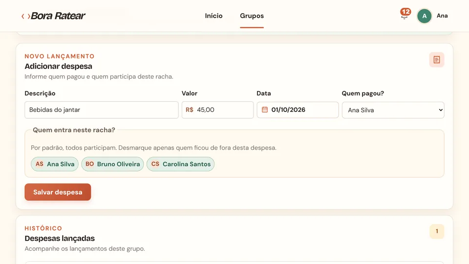 Tela de gestão do grupo com participantes e inclusão de despesas.
